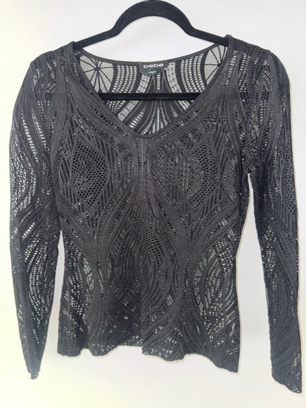 bebe Black Openwork Lace Long-Sleeve Top